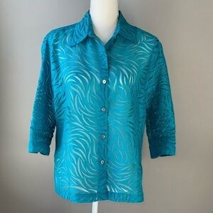 Mirasol Turquoise Animal Print Shirt Button Up Rayon Flax Blend Lightweight Med